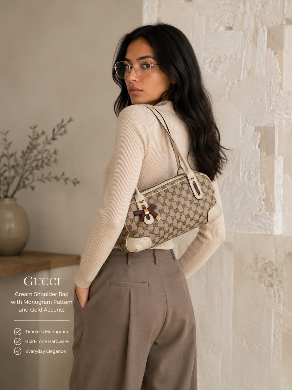 Gucci Cream Shoulder Bag with Monogram Pattern and Gold Accents